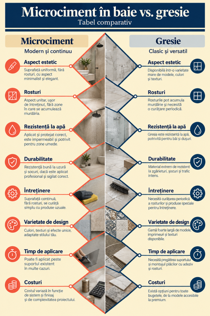 Infografic comparativ microciment vs gresie în baie: rosturi, renovare, curățenie, rezistență la apă, impact și cost